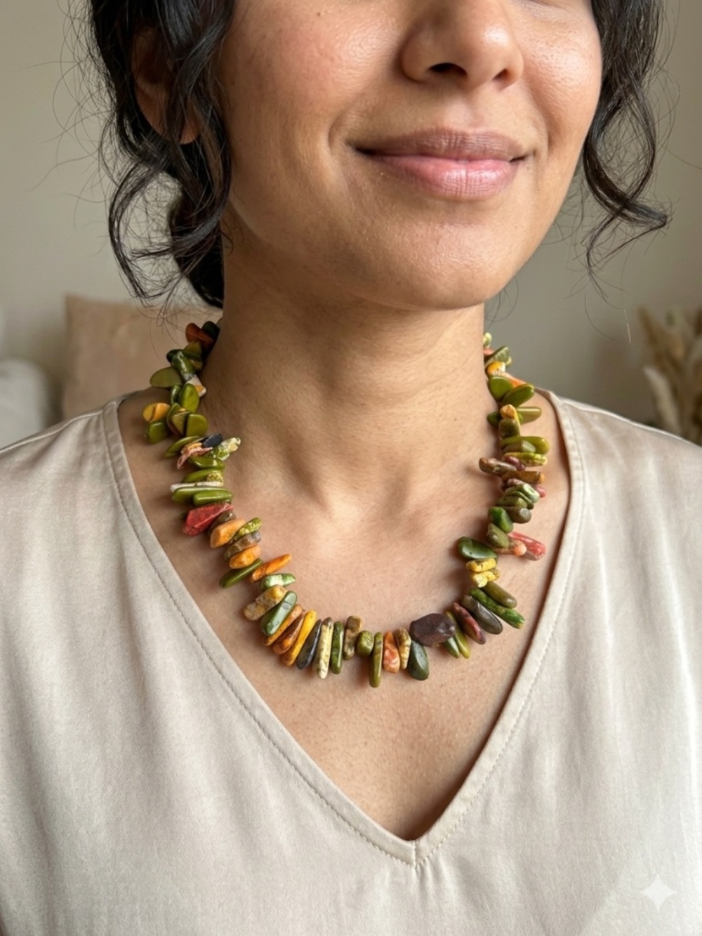 Unakite Jasper Chip Gemstone Necklace